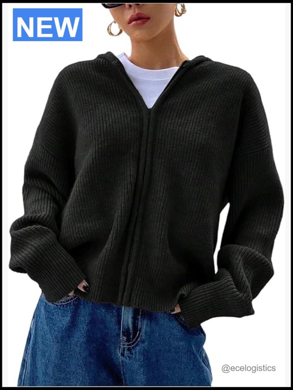 Zip Up Hooded Cardigan Sweater Knitted Drop Shoulder Fall Outerwear